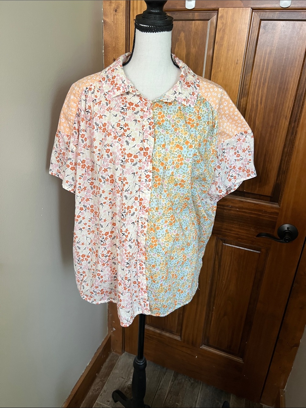American Eagle Outfitters Peach and Blue Floral Patchwork Button-Up Shirt